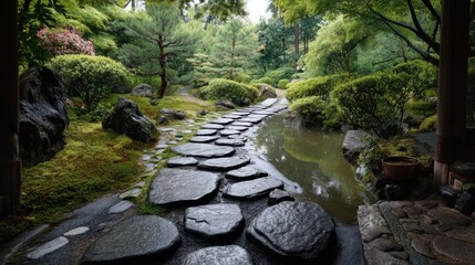 Naklejka premium Serene Stone Pathway in Tranquil Japanese Zen Garden Setting