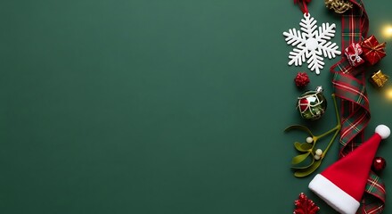 Festive Christmas border with ornaments, ribbon, and Santa hat on deep green background