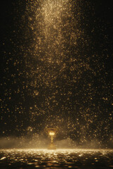 Golden trophy under a cascade of sparkling lights, symbolizing success and achievement in the darkness.