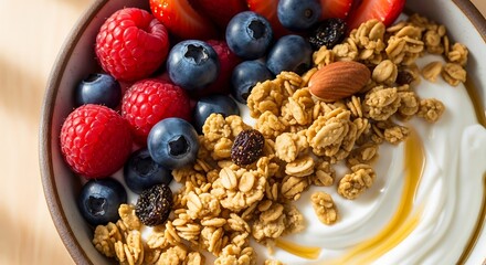 Fototapeta premium Delicious yogurt bowl with fresh berries, granola, and honey, perfect for a healthy breakfast or snack, promoting wellness