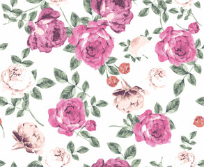 Seamless pattern with spring rose flowers and tropical leaves. vintage watercolor peonies bunch pattern on white background. botanical flowers illustration.