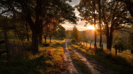 Fototapeta premium Serene Sunrise Over a Country Road Surrounded by Lush Trees