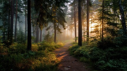 Fototapeta premium Misty Forest Trail at Sunrise with Soft Light Through Trees
