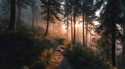 Fototapeta premium Serene Sunrise Over Misty Forest Trail with Soft Light Filtering