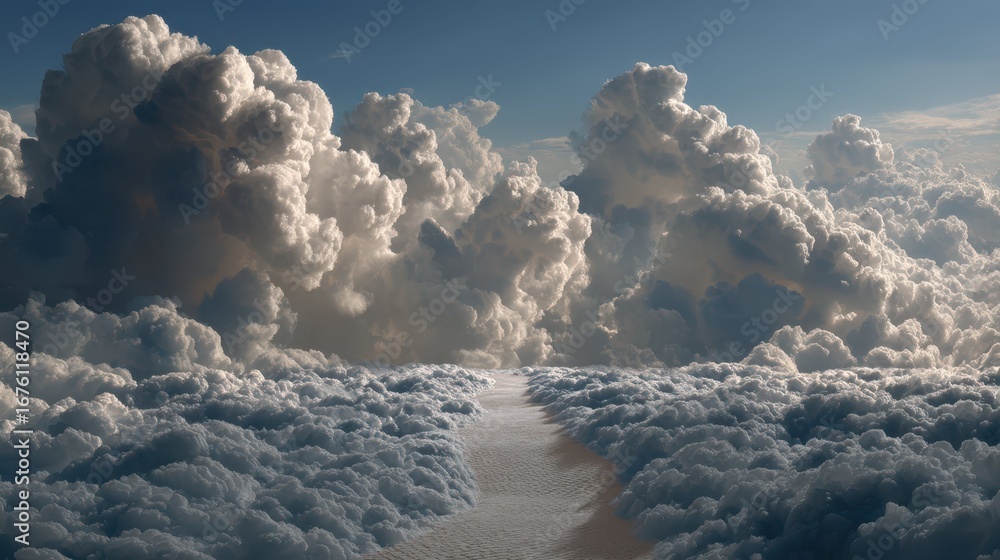 Poster surreal dreamlike path through fluffy clouds in a sky setting