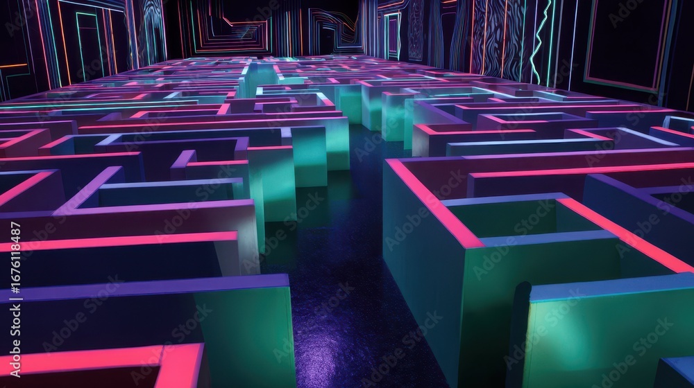 Poster surreal neon maze with glowing walls and intricate paths