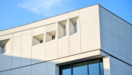 Modern architectural facade with geometric recessed windows and a clear blue sky, showcasing contemporary design.