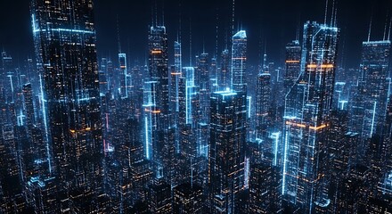 Futuristic cityscape at night with glowing blue lights, symbolizing smart city concepts