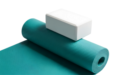 Teal yoga mat and white yoga block isolated on Transparent background