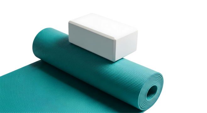 Teal yoga mat and white yoga block isolated on Transparent background