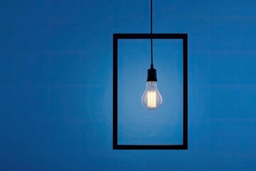 A single, glowing lightbulb hangs within a black framed rectangle against a deep blue backdrop