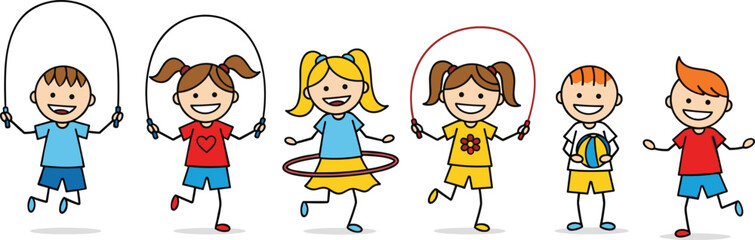 Cartoon Kids Playing with Jump Rope, Hula Hoop, Ball, Outdoor Fun, Active Kids, Kids Exercise, Children Playing Together, Fitness and Play