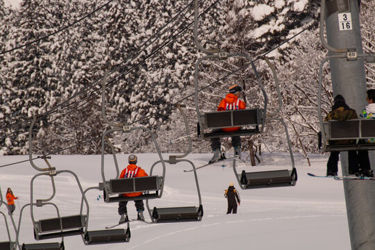 Skiers and snowboarders ride a snowy mountain chairlift, dressed in bright gear against a backdrop of snow-covered trees.