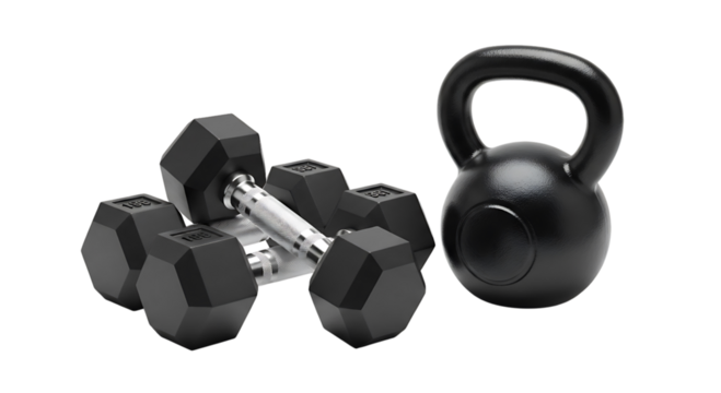 Dumbbells and kettlebell isolated on Transparent background