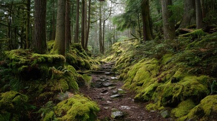 Fototapeta premium Serene Moss Covered Trail in Lush Green Forest Scenery