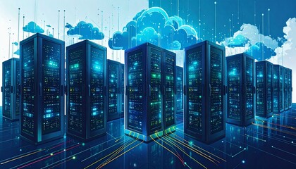 A futuristic data center with multiple server racks and glowing data connections under stylized cloud computing icons, representing modern digital infrastructure.