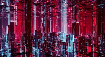 Fototapeta premium Abstract futuristic cityscape with glowing red and blue lights, digital art