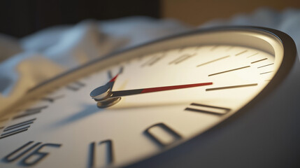 macro of alarm clock hands approaching midnight with gentle glow blurred comforter texture backdrop illustration concept scene visual for commercial design use high detail quality stock image illustra