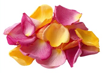 A cluster of delicate, vibrant rose petals in shades of pink and yellow