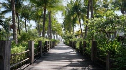 Serene Tropical Island Walkway Surrounded by Lush Palm Trees