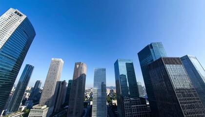 Obraz premium Modern skyscrapers reaching into a clear blue sky, showcasing a vibrant urban city skyline with towering glass and steel structures.