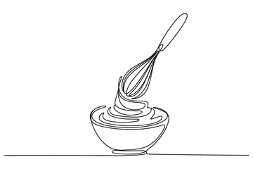 Continuous Line Drawing of a Bowl with a Whisk | Vector Illustration for Cooking and Baking.