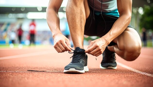 A person in athletic wear crouches on a red running track, meticulously tying their shoelaces before a run or training session. - Powered by Adobe