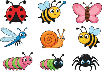 Colorful cartoon insects including ladybug, bee, snail, dragonfly, caterpillar, butterfly, and spider in playful and cute designs for kids. © Creative Mind