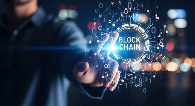 Man touching a glowing blockchain network with binary code and bokeh lights