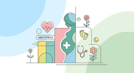 Obstetrics Focus on Maternal Care and Wellness, Graphic Illustration in a Vibrant Environment