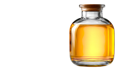 A clear glass bottle filled with golden liquid and a cork stopper on white
