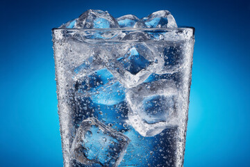 Refreshing Drink: Clear glass filled with ice cubes and condensation against a vibrant blue background.