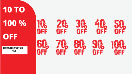 Big sale discount promotion with percentages ranging from 10 to 100 percent off editable vector file for marketing and advertising use on white background