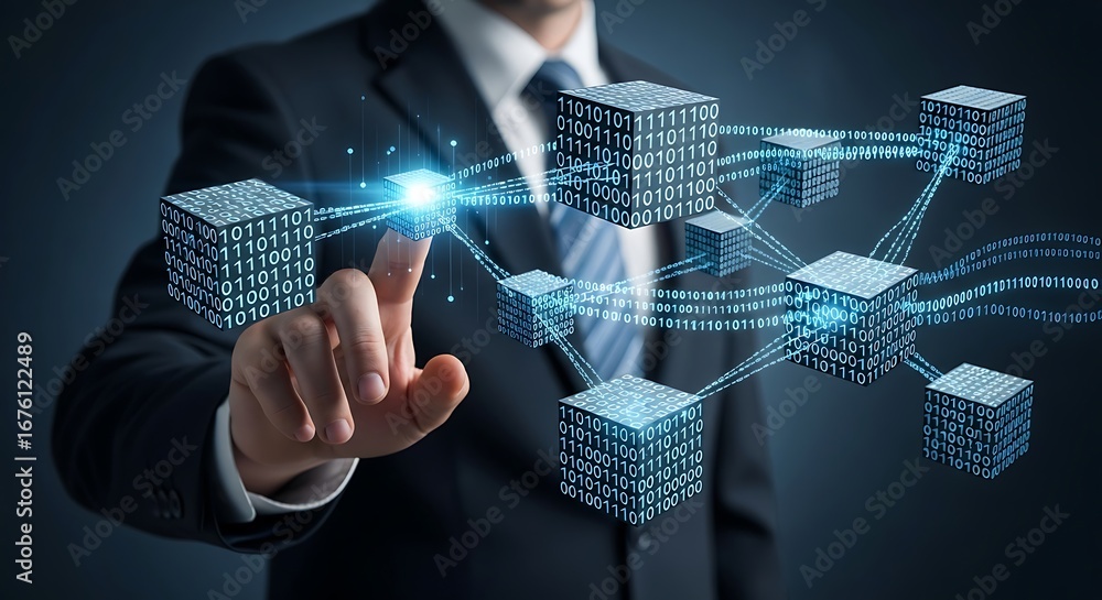 Aufkleber businessman touching a digital network of cubes with binary code and glowing connections, tote bag m