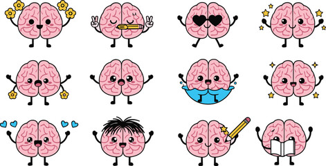 Cute cartoon brain characters with various fun expressions and accessories, including flowers, peace signs, pencils, hearts, and stars.