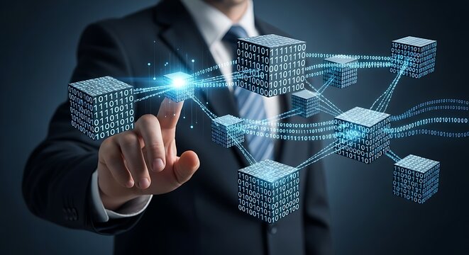 Businessman touching a digital network of cubes with binary code and glowing connections