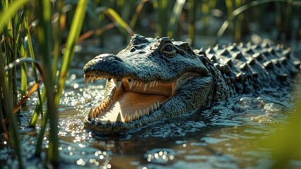 Obraz premium American Alligator with Jaws Open in Wetland. A striking, close-up shot of a powerful American alligator in a lush, green wetland. The gator's mouth is wide open, revealing its formidable teeth and p
