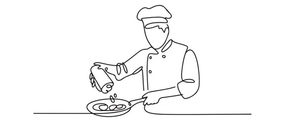 Single continuous line drawing of young confident handsome male chef throwing ingredient on pan while sauteing the food. Vector black silhouette. with white background
