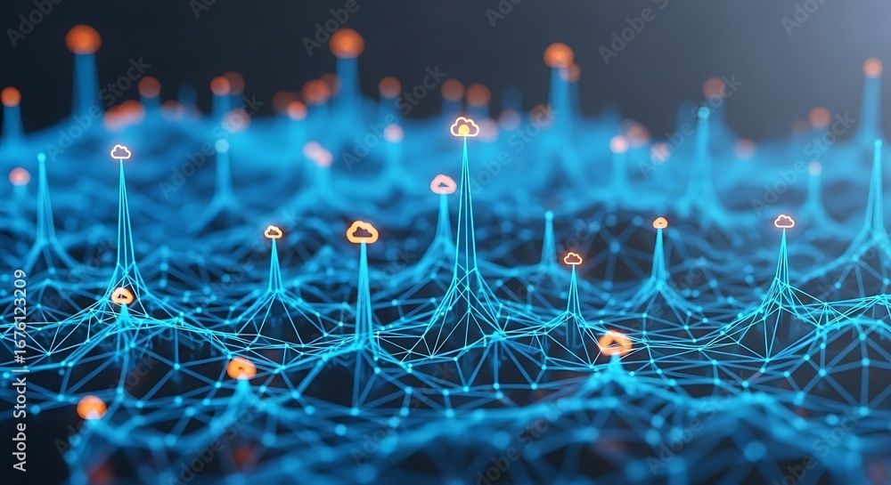Poster abstract network of glowing lines and nodes representing data flow and connectivity, tote bag mockup