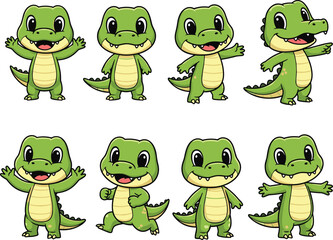 Cute cartoon green dinosaur in various fun poses, with smiling expressions, arms raised, and friendly character design for kids.
