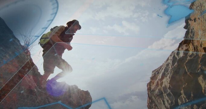 Outdoor hiker assessing canyon gap with distance overlay launching jump landing and ascending wall