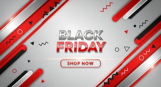 Black friday sale banner with abstract geometric shapes and shop now button