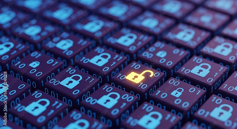 Aufkleber closeup of a keyboard with glowing unlocked padlock and binary code, symbolizing data security, tote