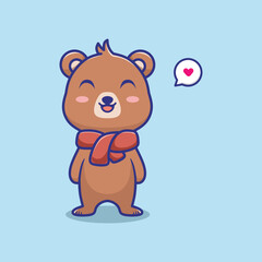 Cute Bear in Autumn with Scarf. vector illustration of forest animal.