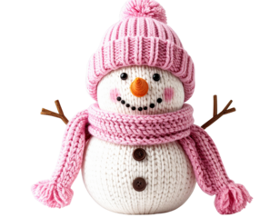 Front View of Knitted Snowman with Pink Hat and Scarf, isolated transparent background PNG