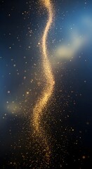 Fototapeta premium Golden sparkling dust trail curving upwards against a dark blue, ethereal background