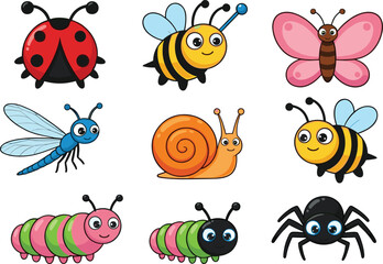 Cute cartoon insects, including ladybug, bee, butterfly, snail, and caterpillar, designed with bright colors, fun expressions, and kid-friendly appeal.
