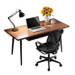 Fototapeta premium Modern home office desk setup with laptop and sunflowers