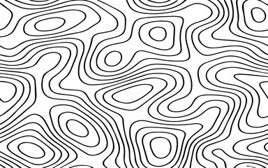 Abstract Black Topographic Contour Lines on a Minimal White Background Creating a Modern Geometric Map-Inspired Pattern.
