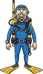 Cartoon illustration of a scuba diver in full gear ready to explore underwater adventures